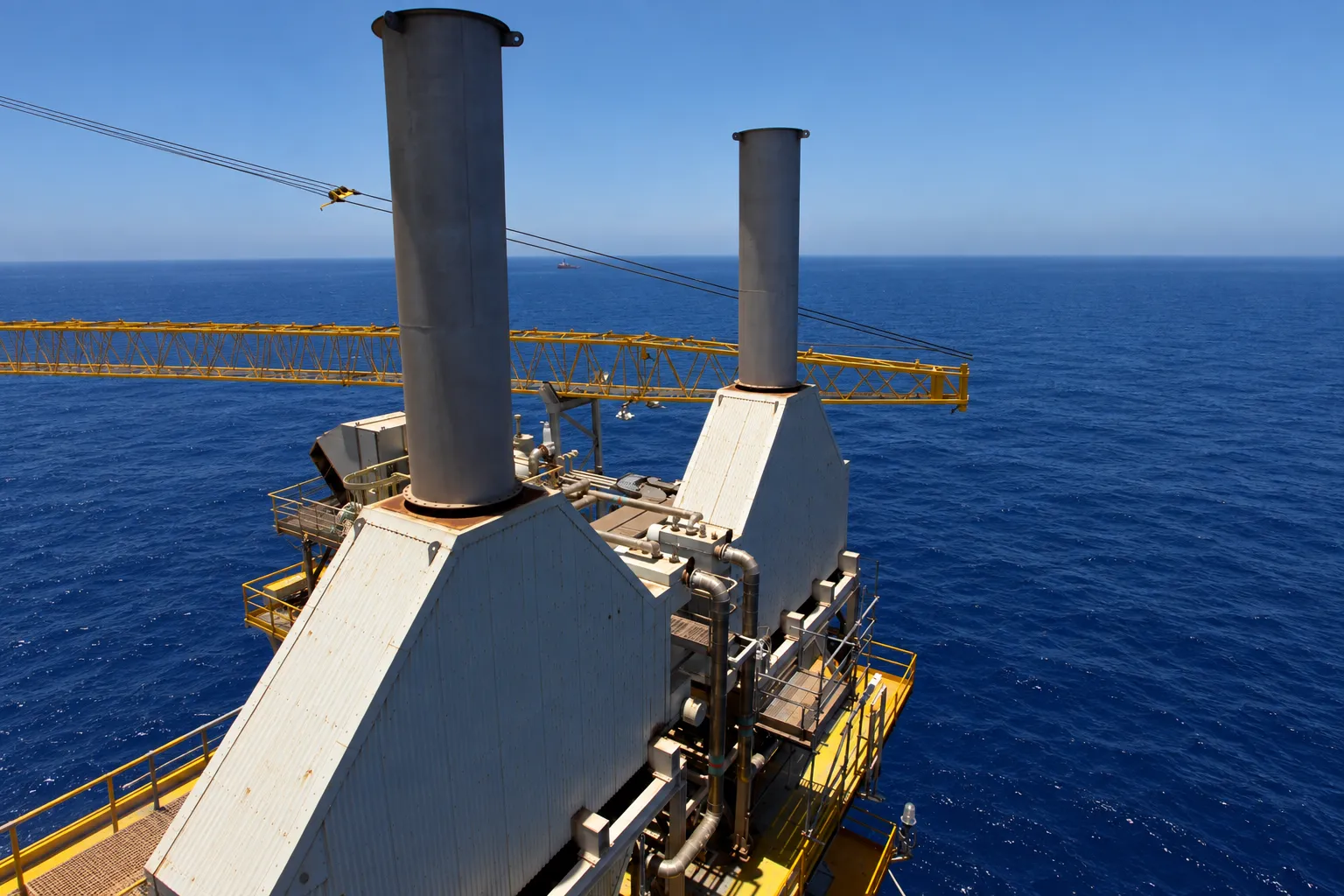 rotating equipment with gas turbine exhaust stacks on an offshore oil and gas platform