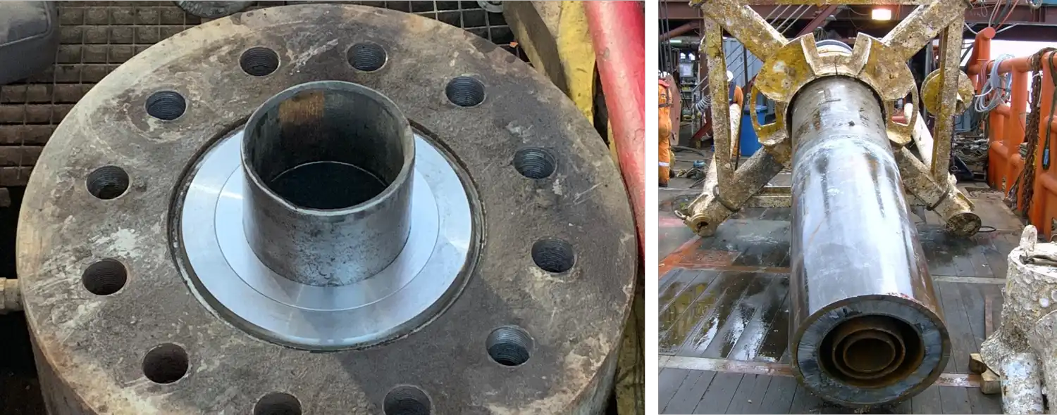 Custom-machined oil and gas equipment component fitted within an industrial flange for a  project application.