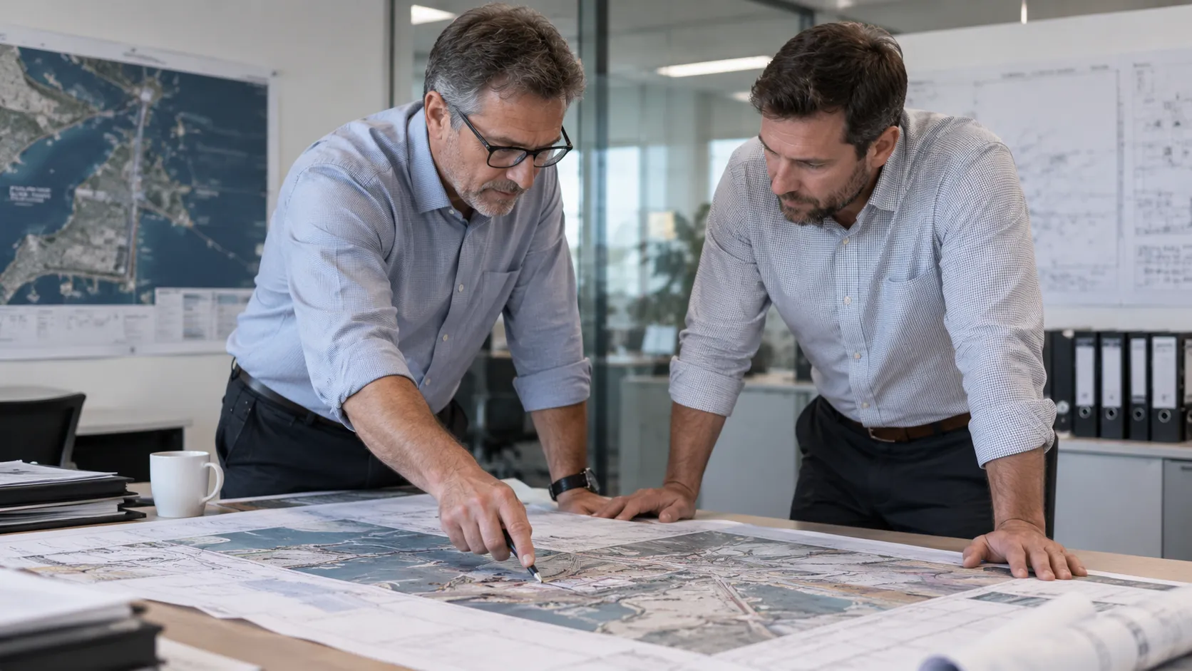 Experienced project engineers reviewing a site plan and technical project information in an office.