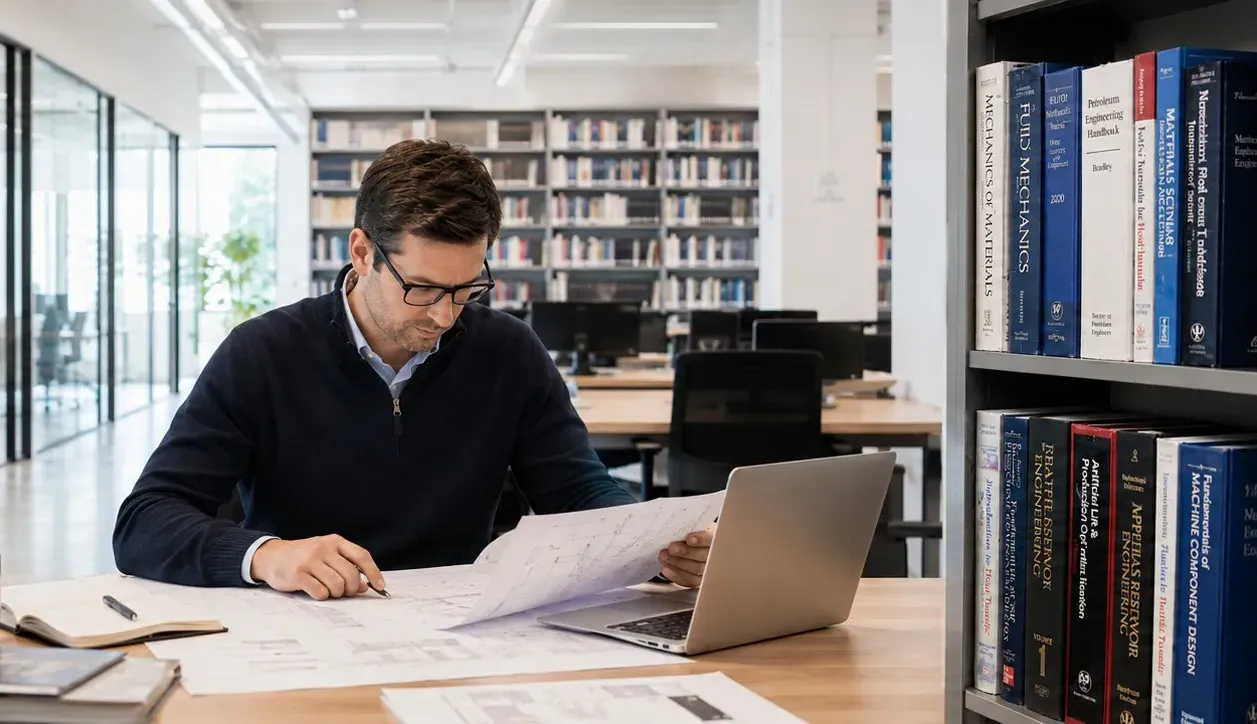 project engineer reviewing technical project specifications in office