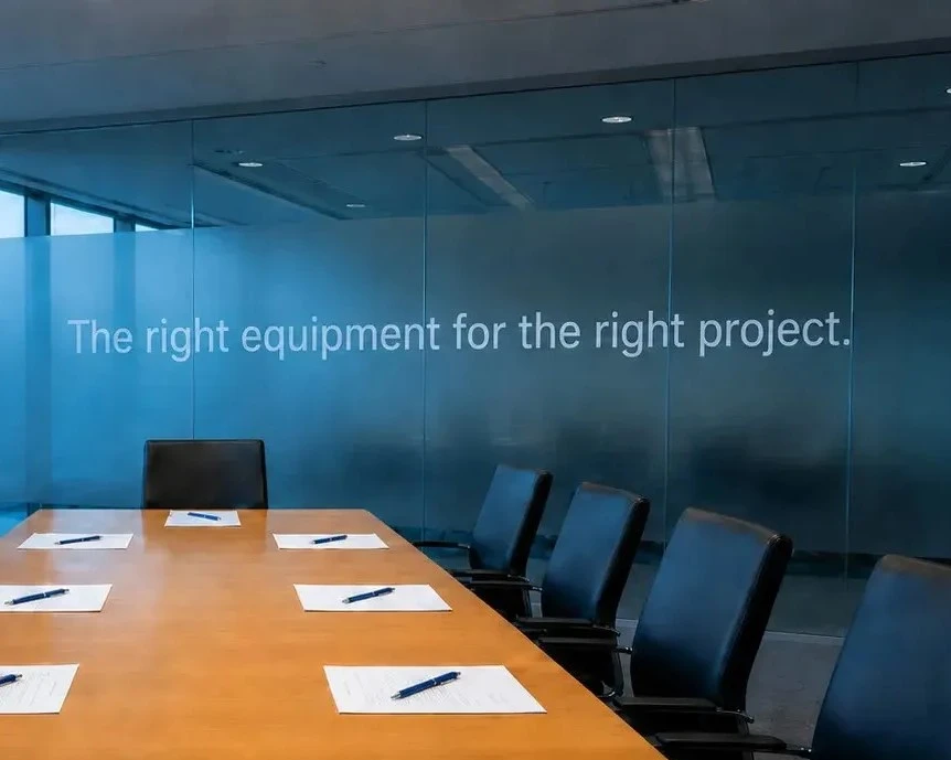 project management boardroom with meeting table and company message