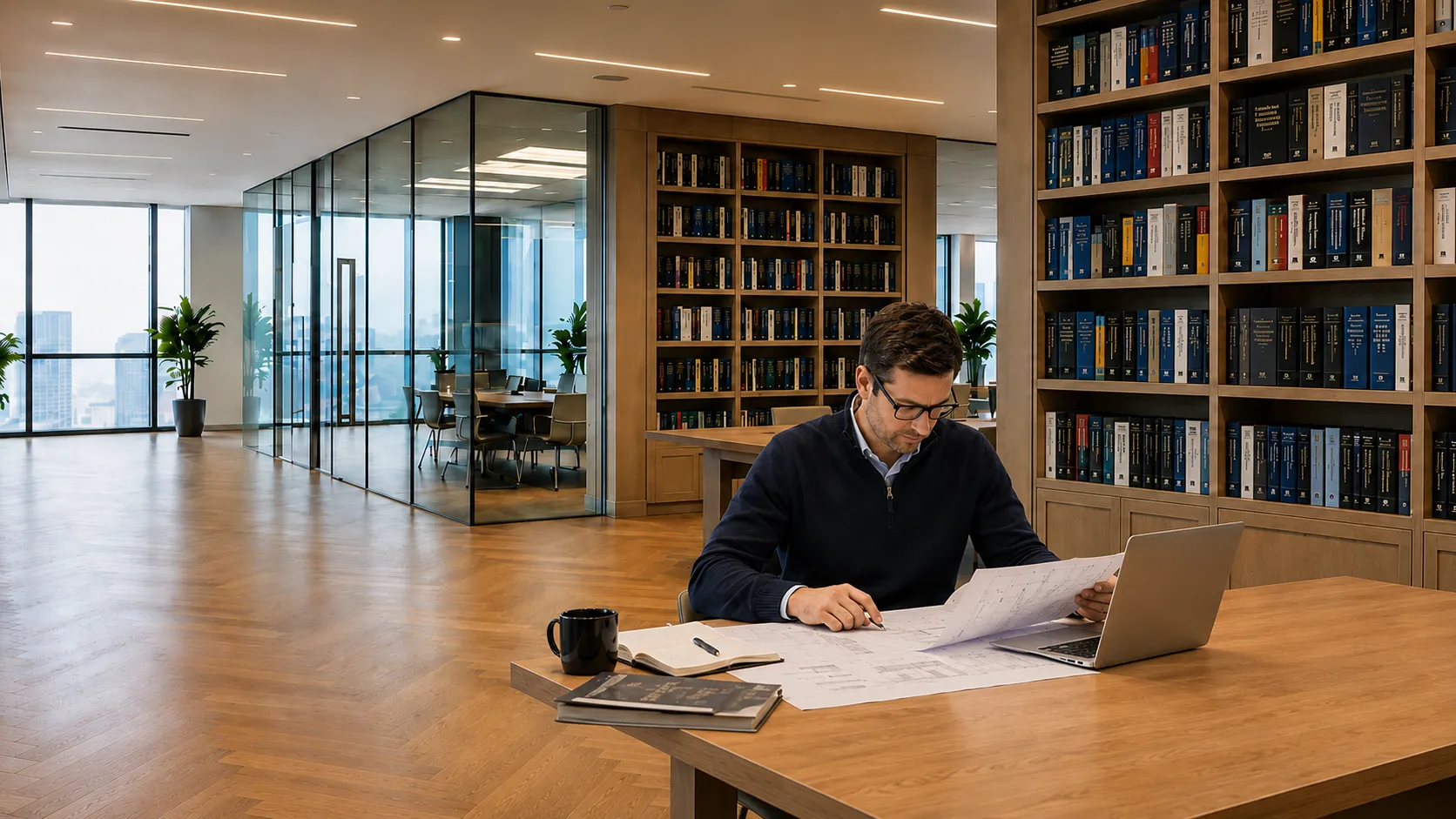 oil and gas engineer manager reviewing techncial drawings in a technical library